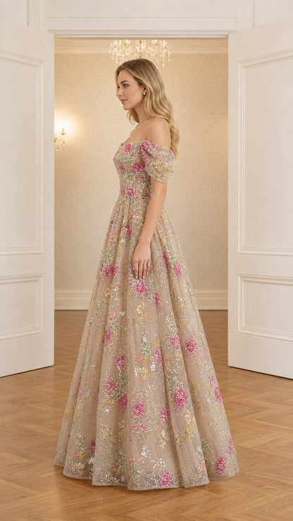Side profile of champagne floral embroidered tulle formal gown
