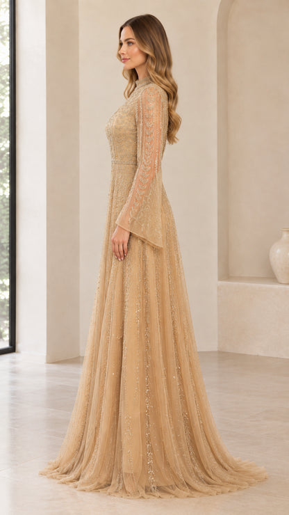Side profile of model in champagne embellished long sleeve formal dress