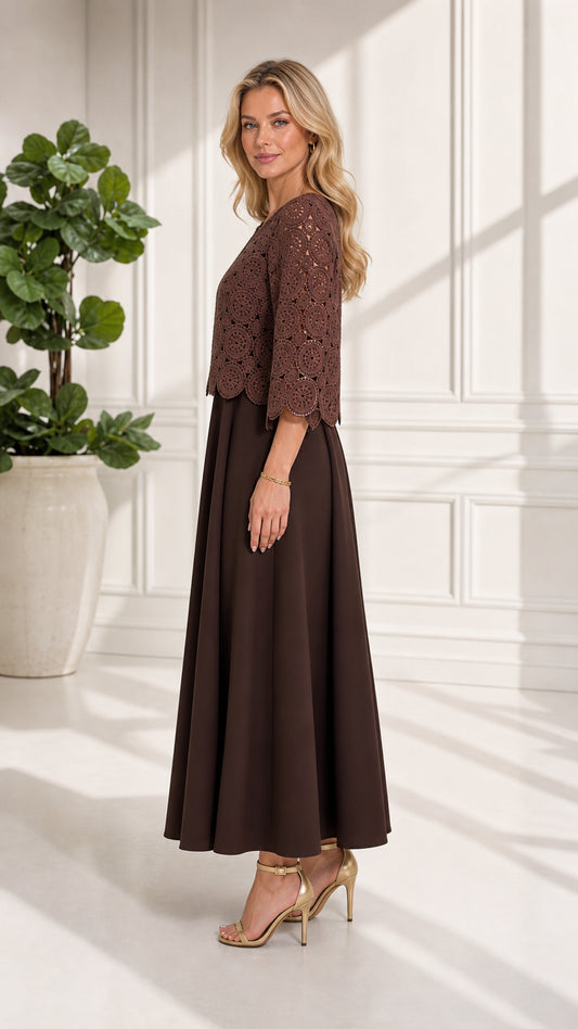 Side profile view of chocolate brown 3/4 sleeve layered maxi dress