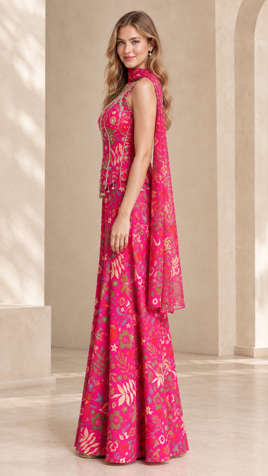 Side angle view of model wearing fuchsia floral wide-leg evening jumpsuit