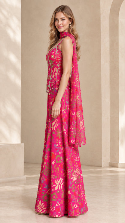 Side angle view of model wearing fuchsia floral wide-leg evening jumpsuit