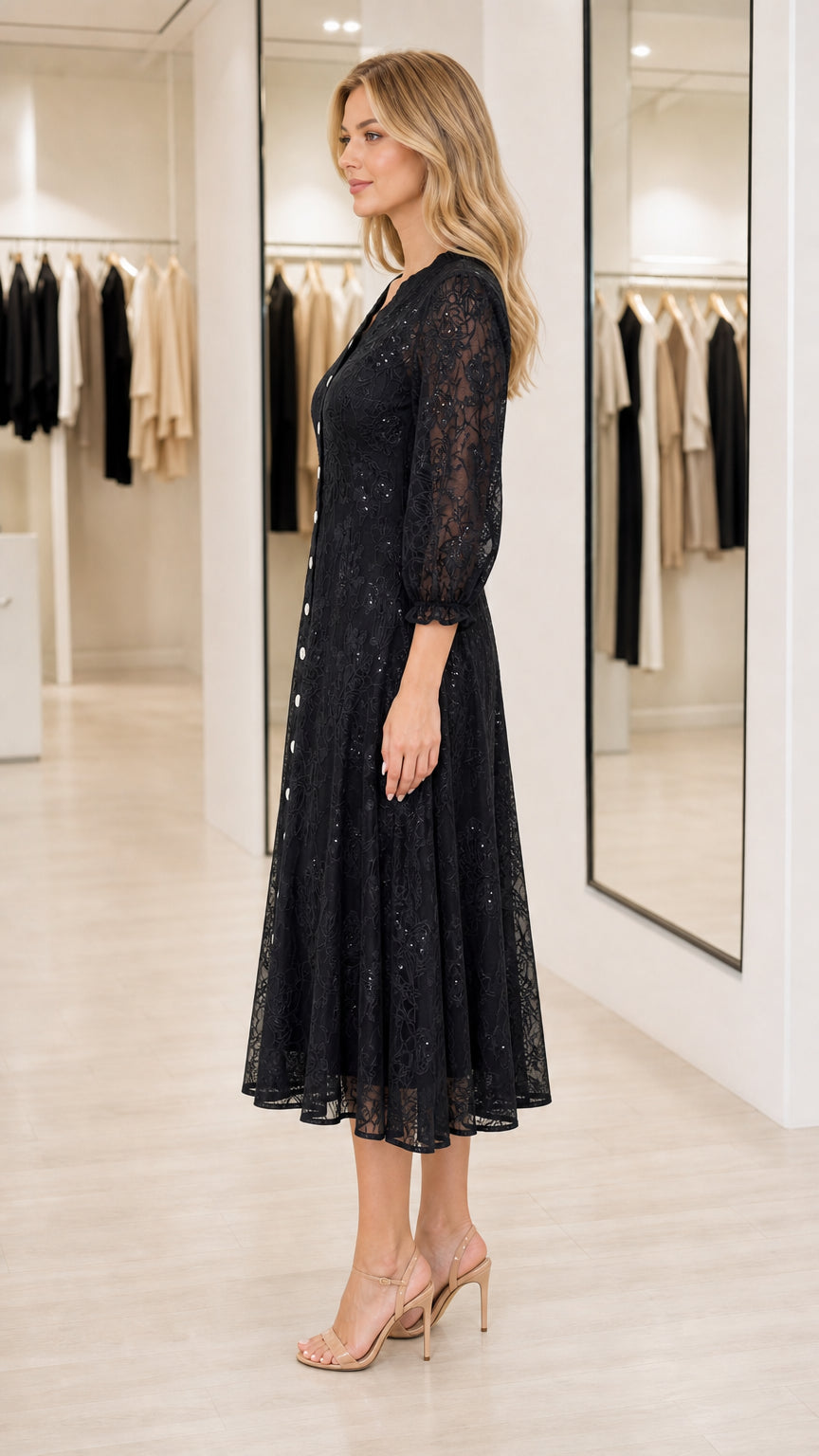 Side profile view of black floral lace sequin midi dress
