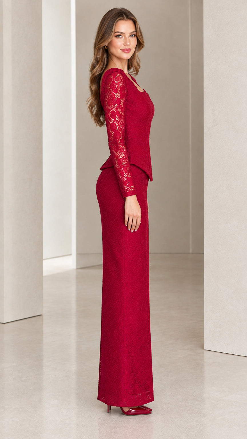 Side profile view of burgundy lace evening top and column skirt set