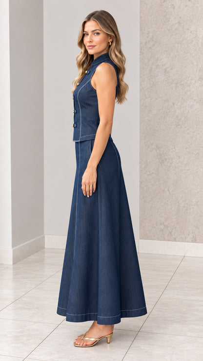 Side full-length view of dark blue sleeveless vest and maxi skirt set