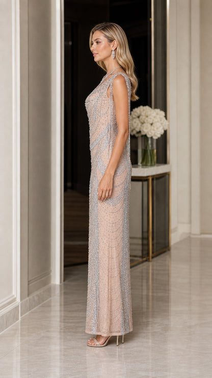 Champagne sequin formal evening dress with shoulder drapes - side view