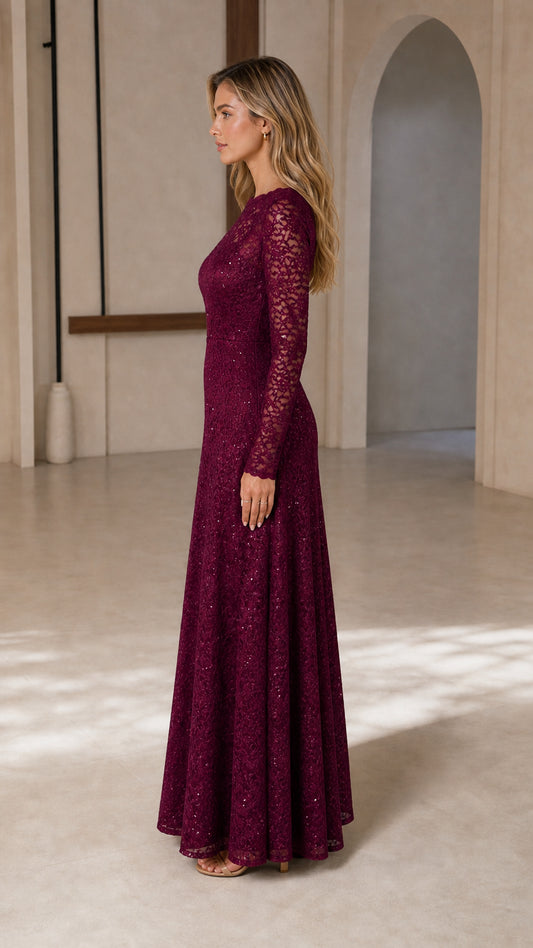 Side profile view of burgundy lace maxi dress