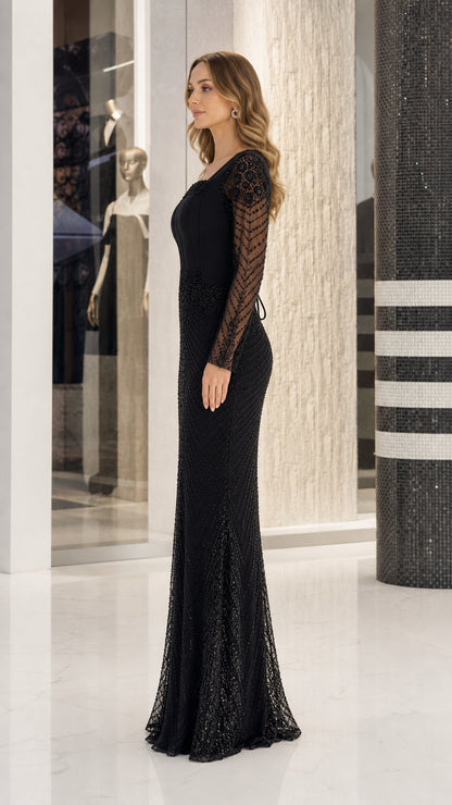 Side profile of elegant black beaded maxi gown with corset bodice