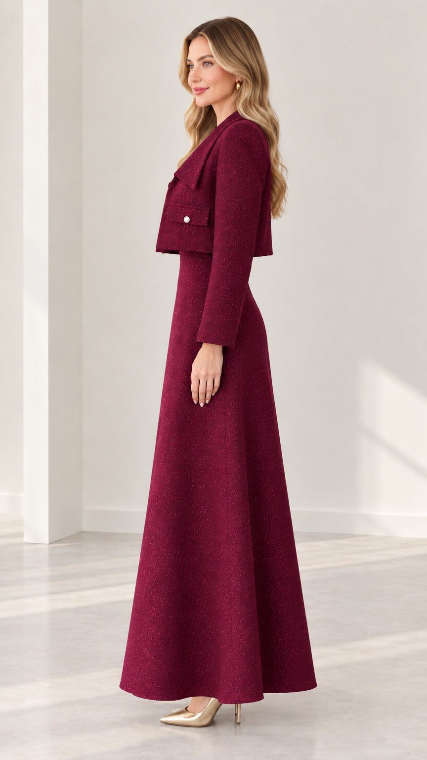 Burgundy tweed formal maxi dress set side view