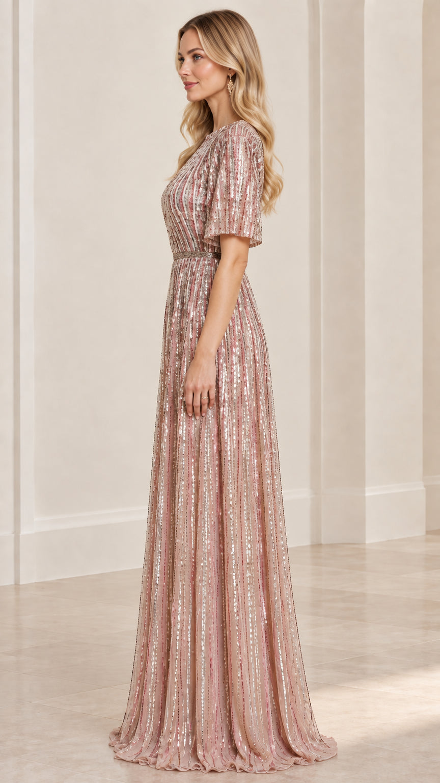 Side profile of woman in dusty rose pleated sequin formal maxi dress