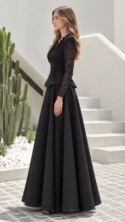 Side profile view of black peplum formal gown with lace sleeves