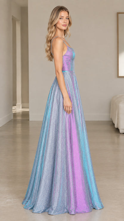 Side view showing the flowing skirt and fitted bodice of the iridescent blue maxi dress