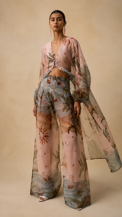 Full-length blush pink printed wide-leg pants set with long sheer overlay and billowy sleeves