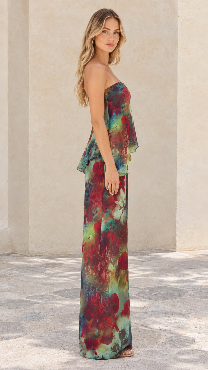 Side full view of teal floral strapless two-piece chiffon pant set
