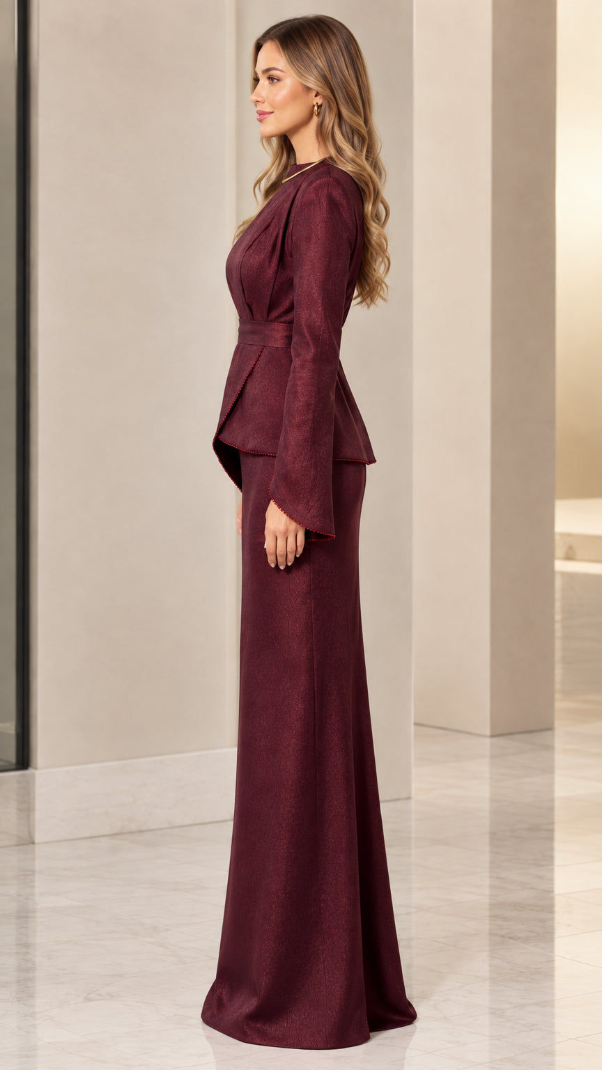Side view of model wearing burgundy formal peplum maxi dress with slit sleeves