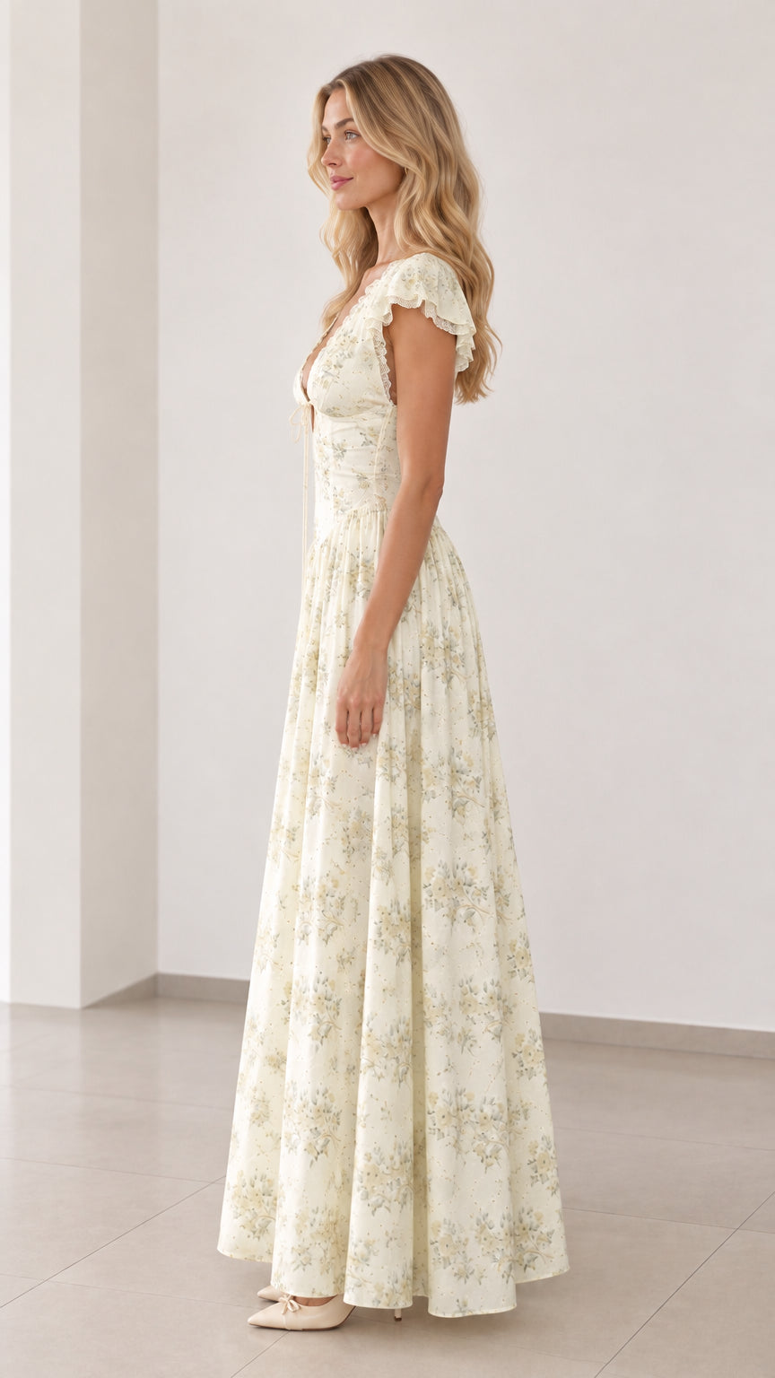 Side profile view of cream floral maxi dress showing fitted waist and flowy skirt