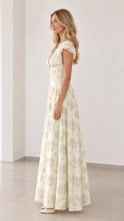 Side profile view of cream floral maxi dress showing fitted waist and flowy skirt