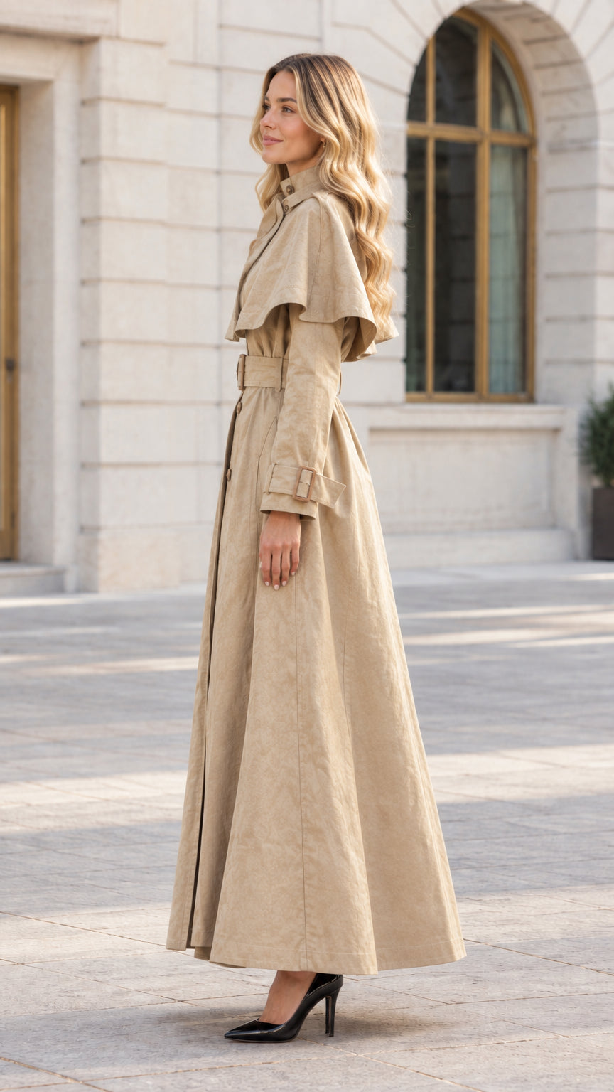 Side profile view of Khaki Maxi Cape Trench Coat showing capelet overlay