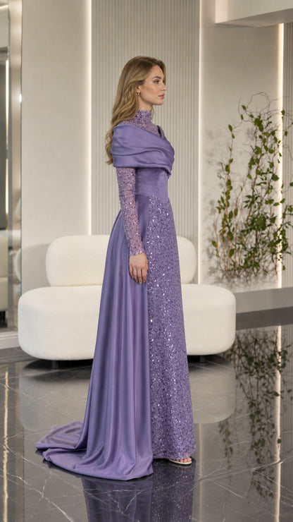 Side profile of lavender sequin formal gown with sweeping satin train