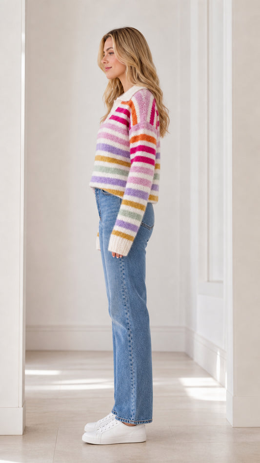 Side full view of woman wearing cream multicolor striped polo sweater with jeans and white sneakers