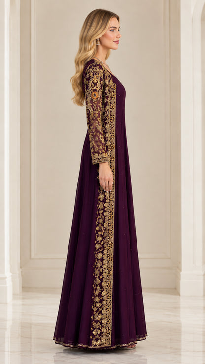 Side profile of women's deep purple maxi gown with sheer gold embroidered duster