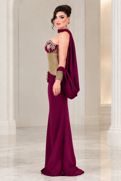 Burgundy evening gown side profile showing structured sequined bodice and flowing cape