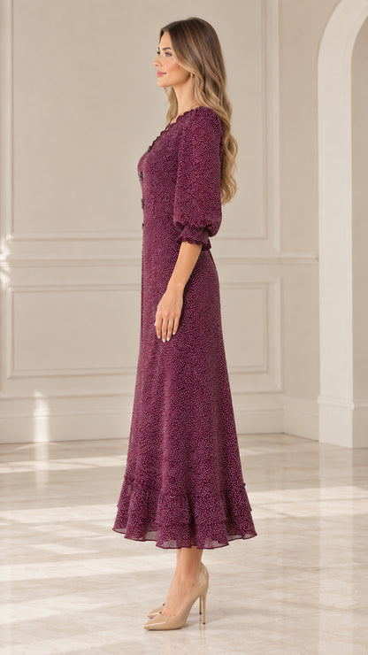 Side profile of model wearing Burgundy A-line dotted midi dress