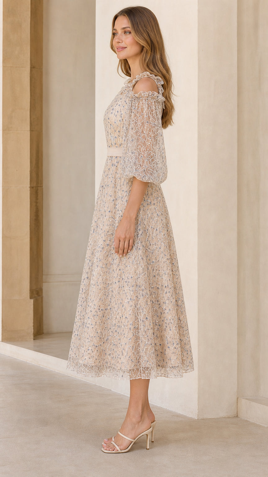 Champagne A-line cocktail midi dress side profile