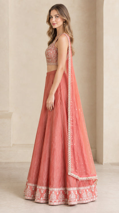 Coral pink festive palazzo co-ord set side profile view