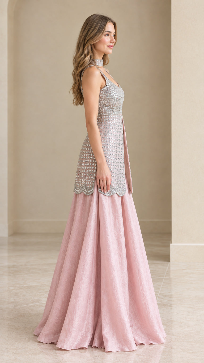Side profile of Blush Pink embellished sleeveless formal evening two piece gown