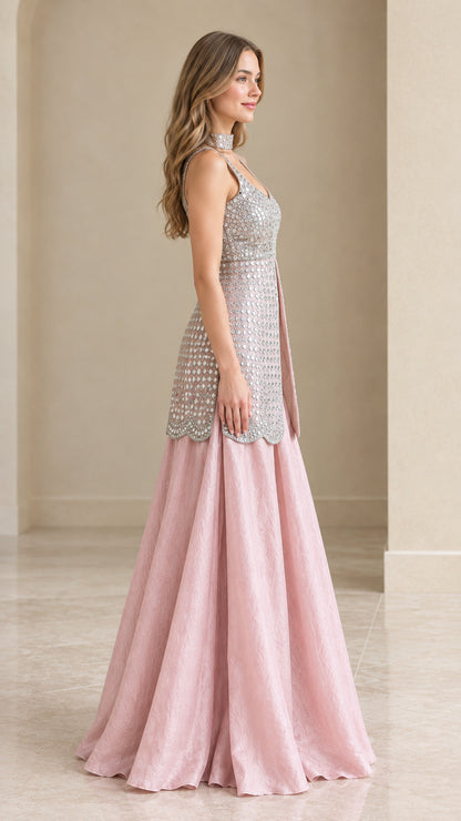 Side profile of Blush Pink embellished sleeveless formal evening two piece gown
