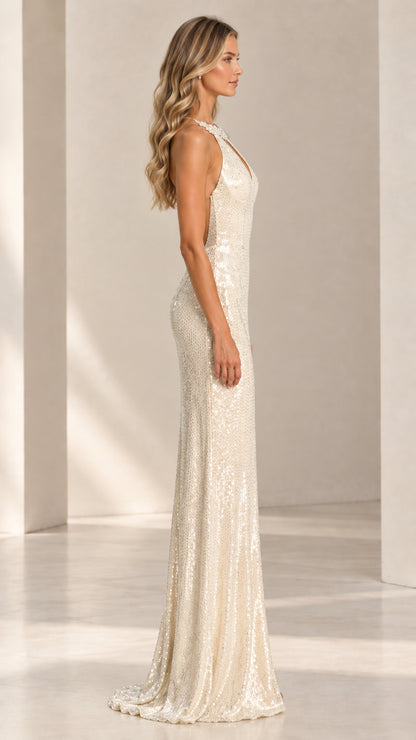 Side profile of Champagne halter sequined formal gown showing fitted silhouette