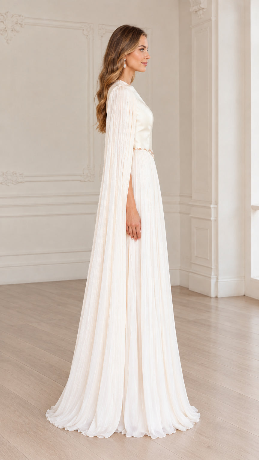 Side profile view of ivory cape sleeve formal maxi dress