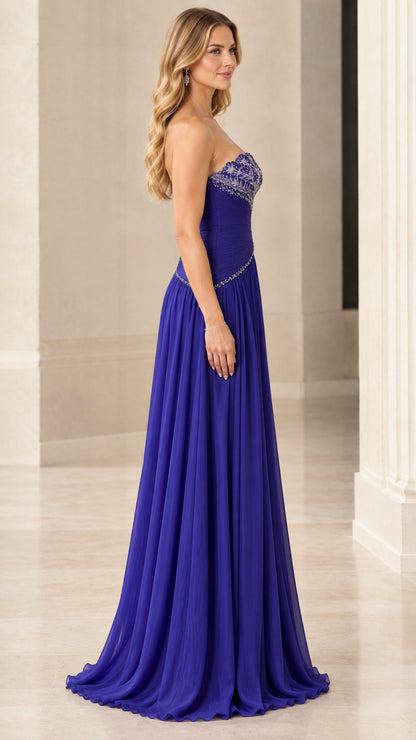 Royal blue strapless beaded formal maxi dress with flowing pleated skirt - side view