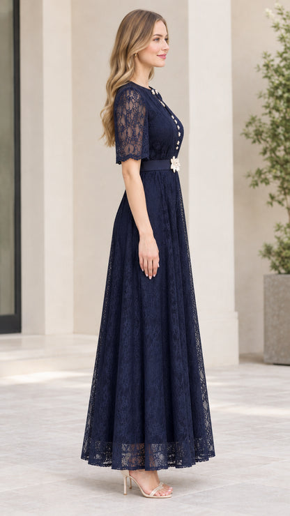 Side profile of navy blue floral lace maxi dress showing sleeve and length