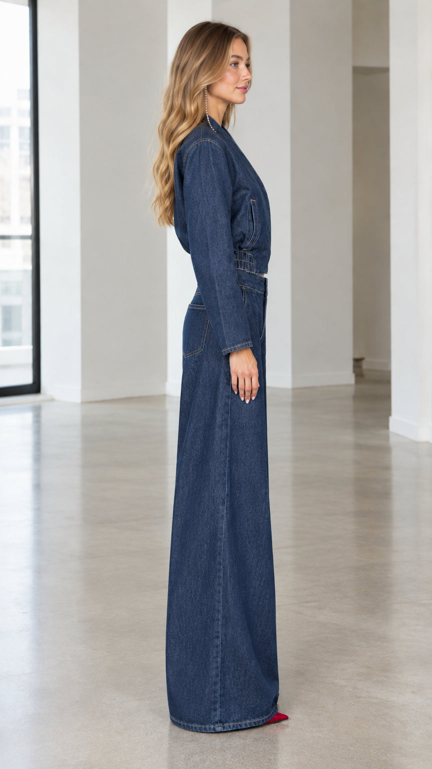 Side profile view of dark blue denim matching set highlighting the wide leg silhouette