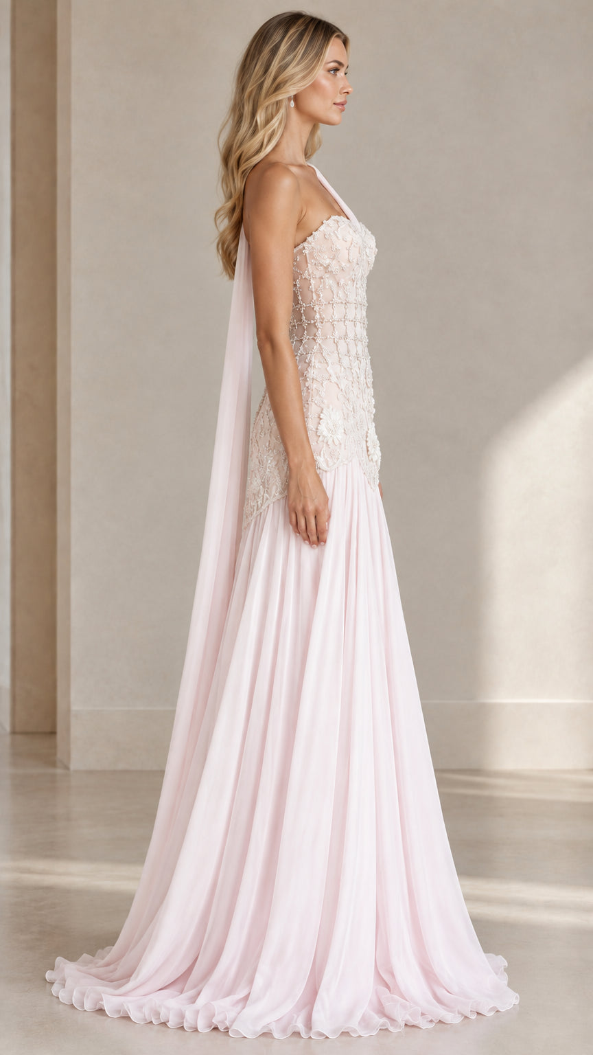 Side profile of Blush Pink floor-length formal gown showing cape drape