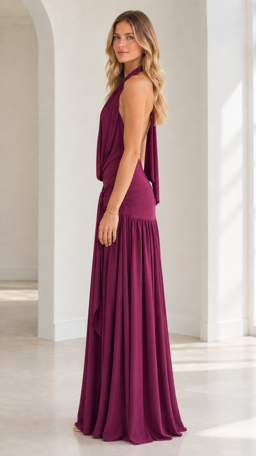 Burgundy open back halter maxi dress side view showing silhouette