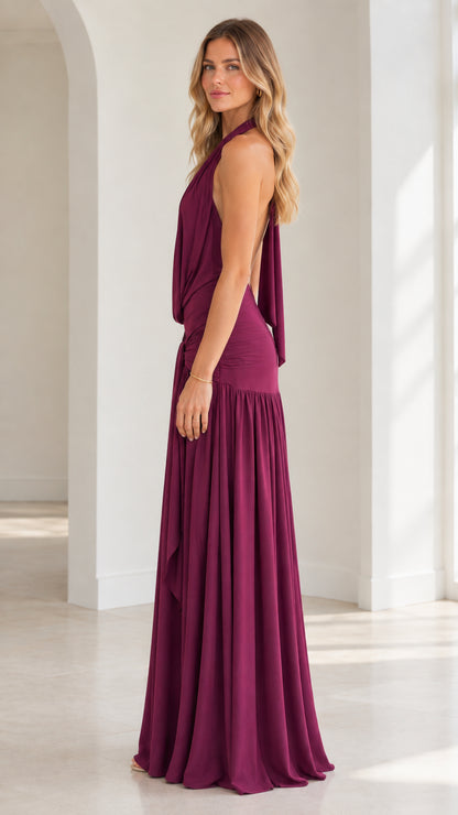 Burgundy open back halter maxi dress side view showing silhouette