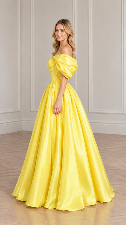Side-angle view of model in elegant yellow satin corset evening gown