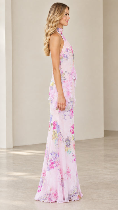 Side profile view of Blush Pink floral print halter maxi dress