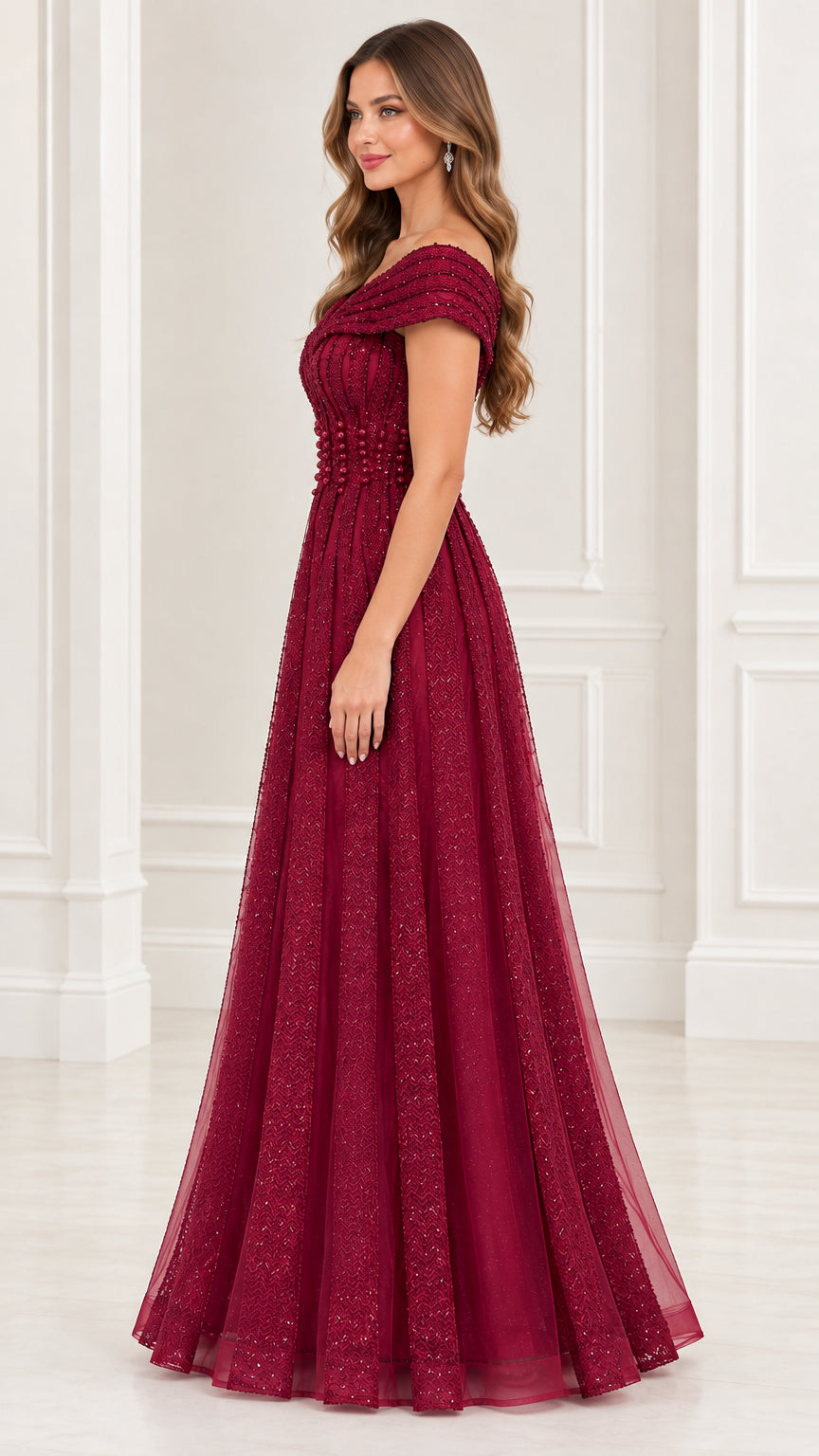 Side view of model wearing burgundy glitter tulle formal maxi dress