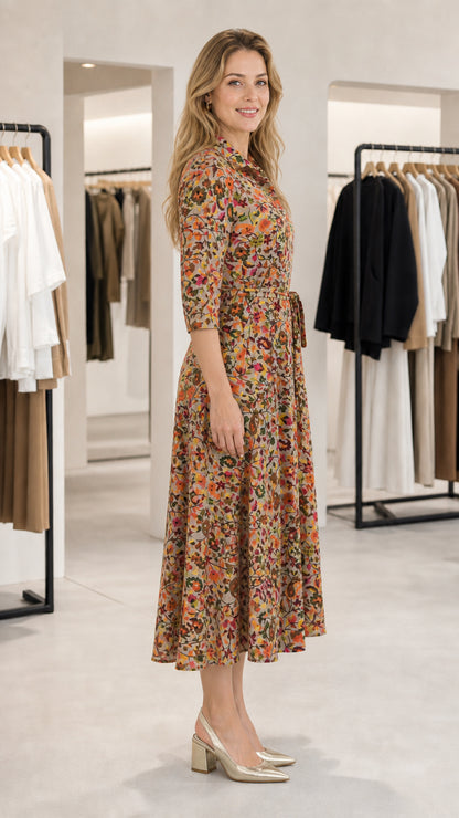 Side angle view of model wearing Khaki Floral midi shirt dress