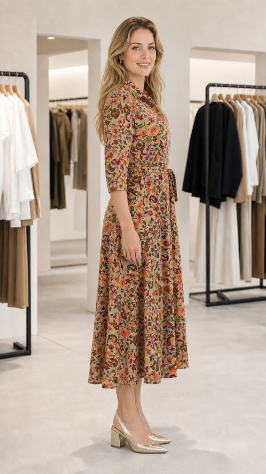 Side angle view of model wearing Khaki Floral midi shirt dress