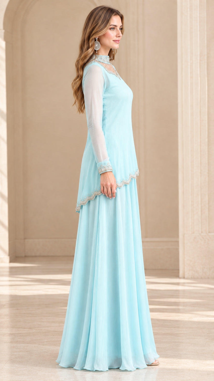 Sky Blue formal two-piece chiffon pant suit side view