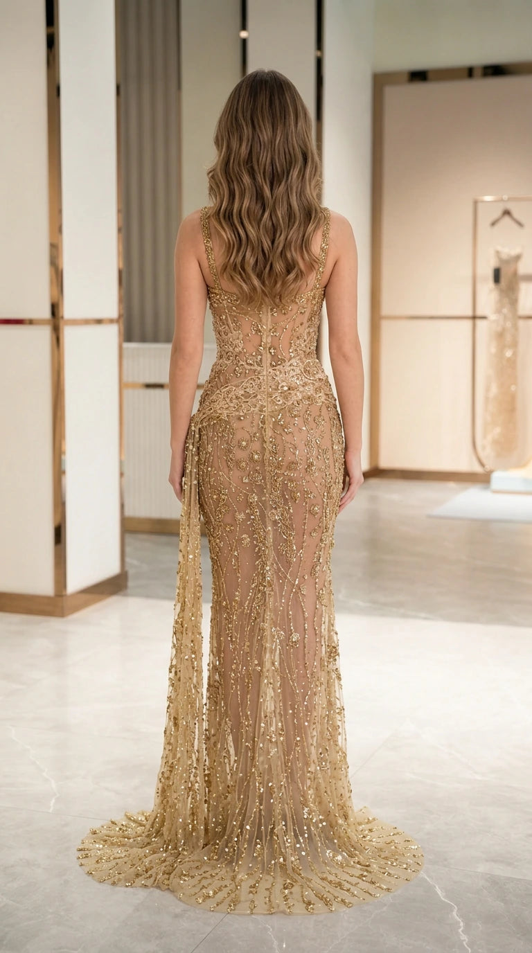 Back view of gold sequined evening gown with low scoop back and puddle train
