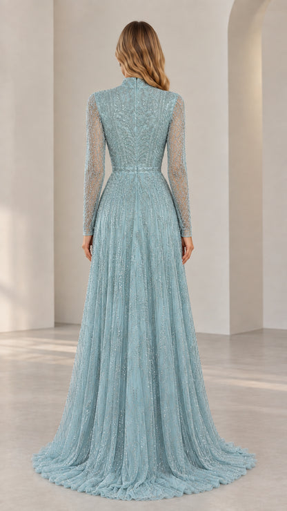 Back view of elegant Dusty Blue beaded evening gown with sweep train