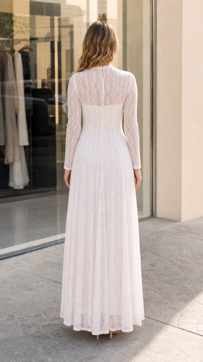 Back view of the Ivory White lace maxi dress showing zipper and sheer back detailing