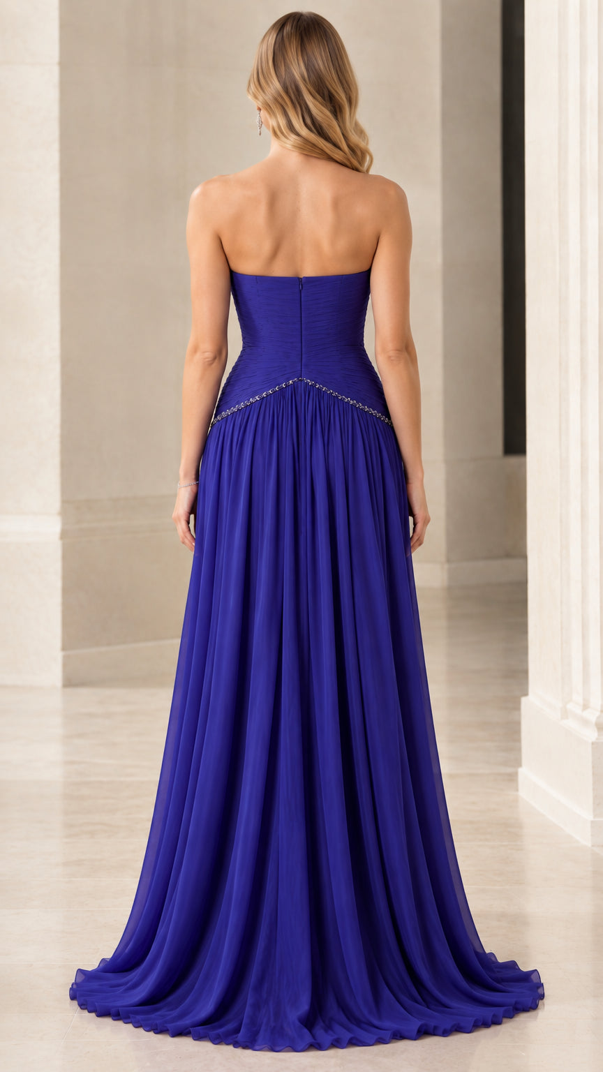 Royal blue strapless floor-length evening dress - back view