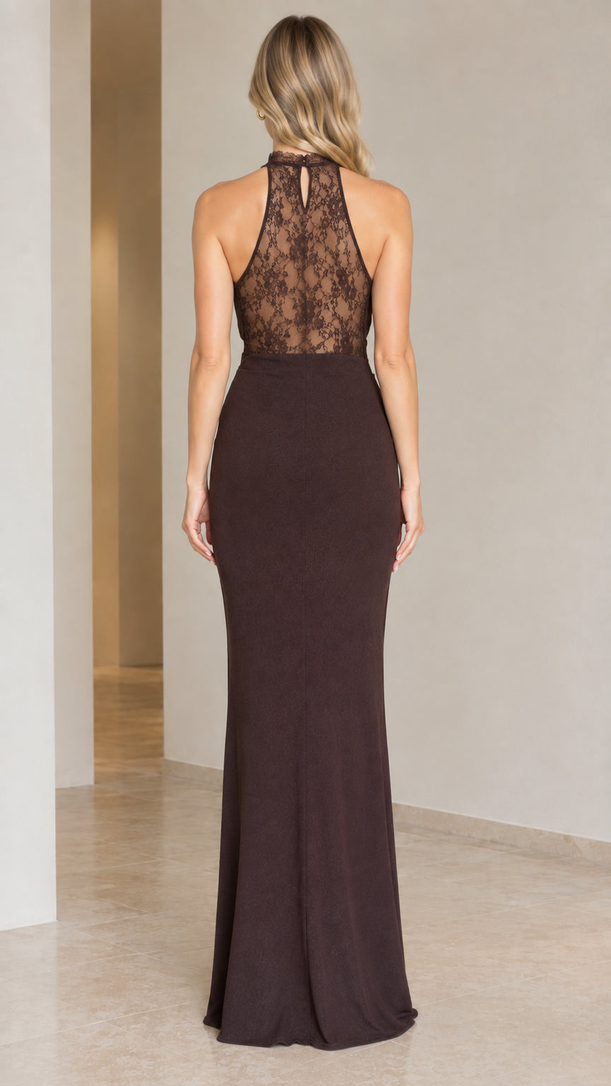 Back view of chocolate brown halter evening gown showing sheer lace back