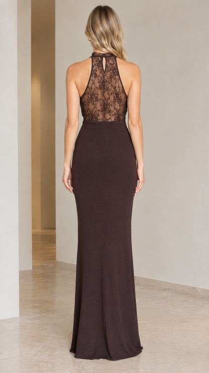 Back view of chocolate brown halter evening gown showing sheer lace back